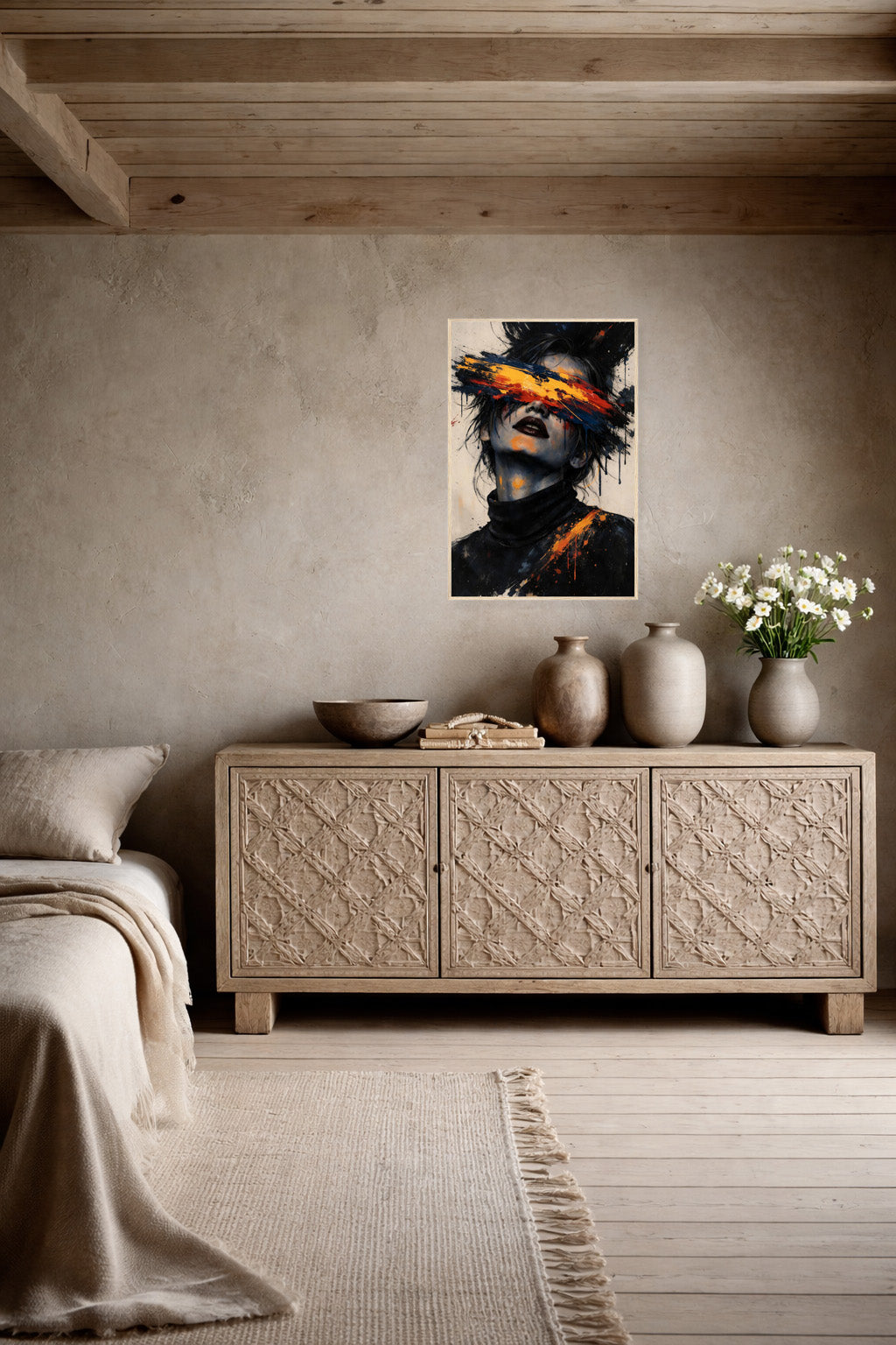 minimalist beige interior with framed abstract portrait wall art poster above cabinet