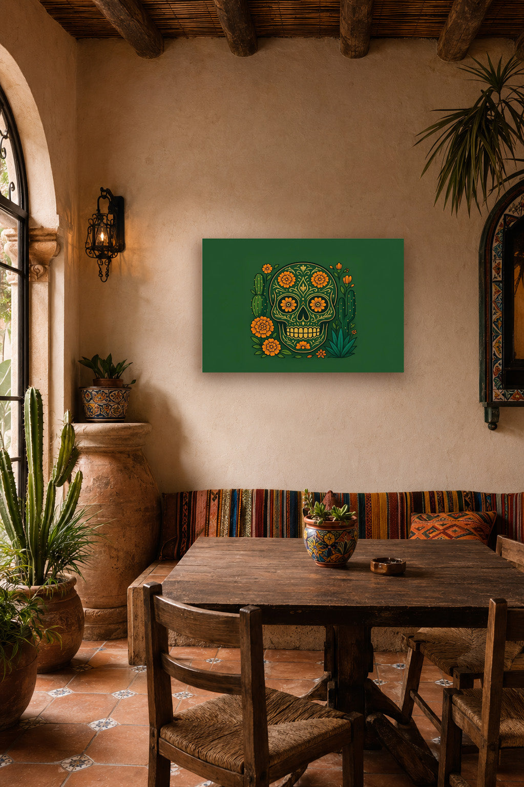 Warm Mexican dining space with rustic wooden table, terracotta decor and green floral skull artwork on a plaster wall.