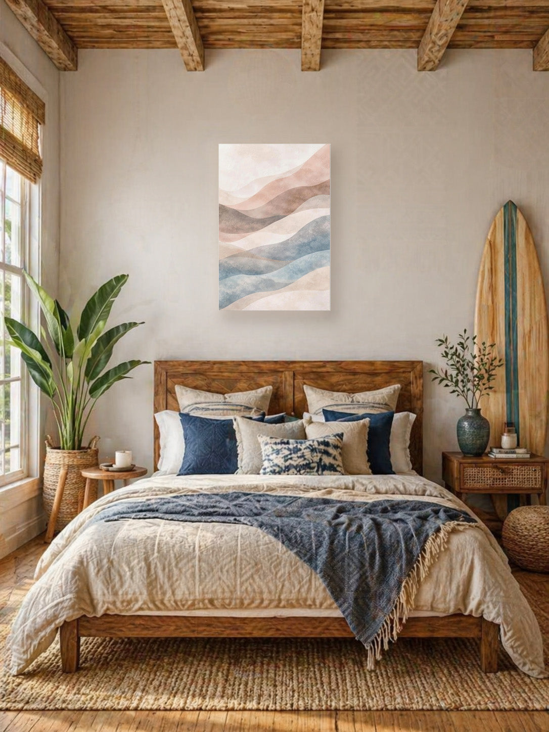Bright boho hallway interior with wooden console table, woven mirror, neutral decor and pastel abstract canvas wall art on beige wall.