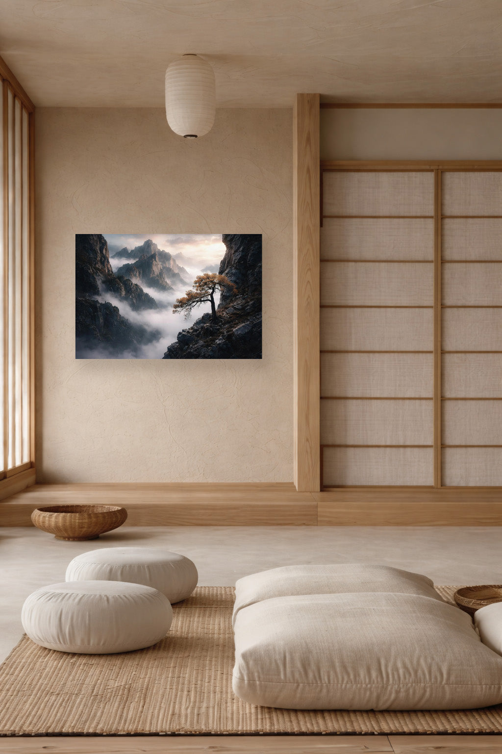 Mountain landscape poster in a Japandi interior with floor cushions and neutral tones