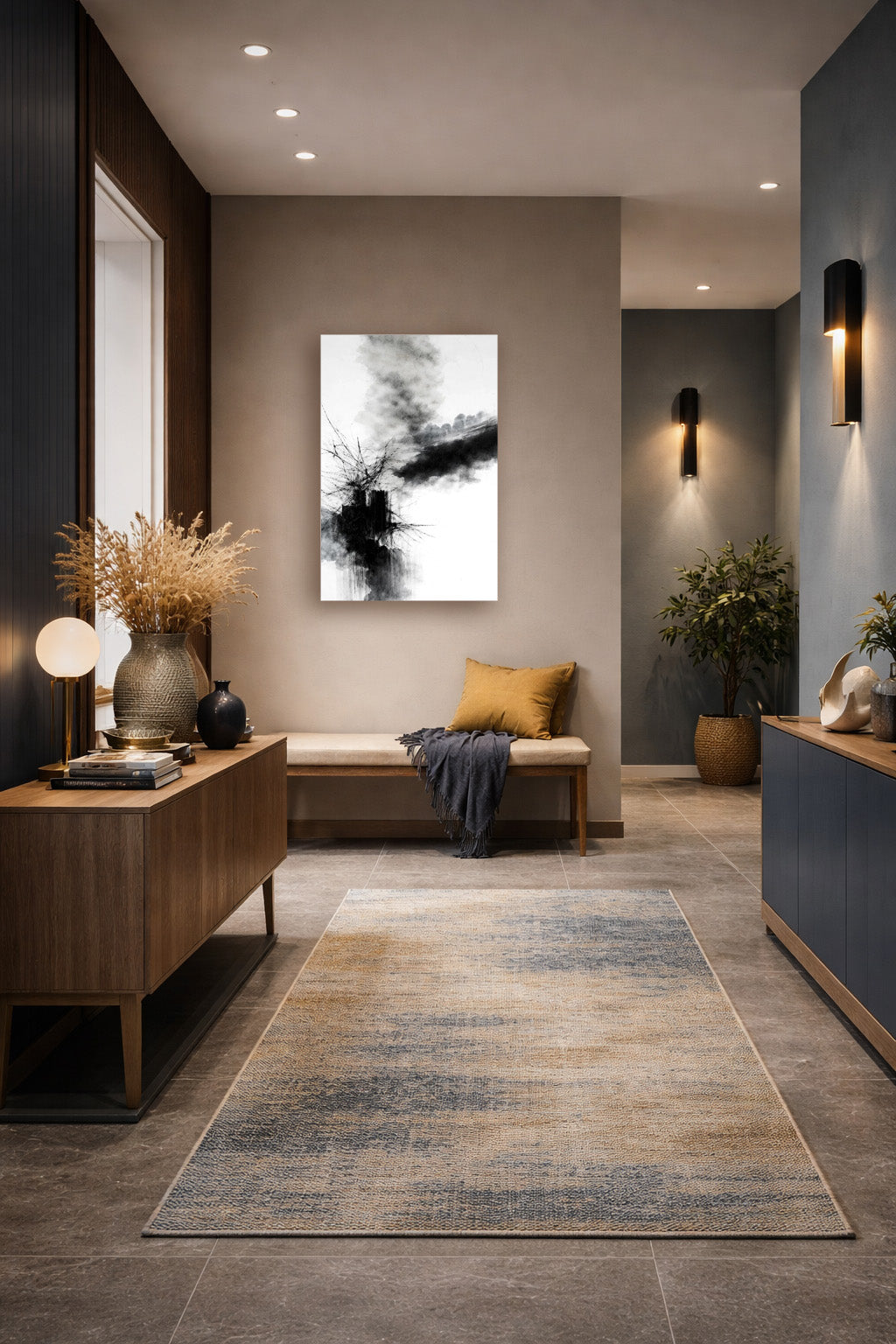 Black and white abstract canvas hanging in a modern entryway with warm lighting, textured decor, and a neutral color palette.