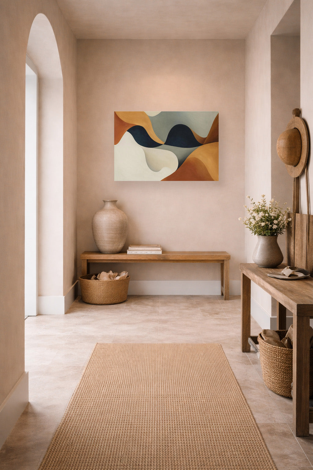 Japandi entryway with wooden bench, woven baskets and Earthbound Flow abstract wall art poster in warm earth tones.