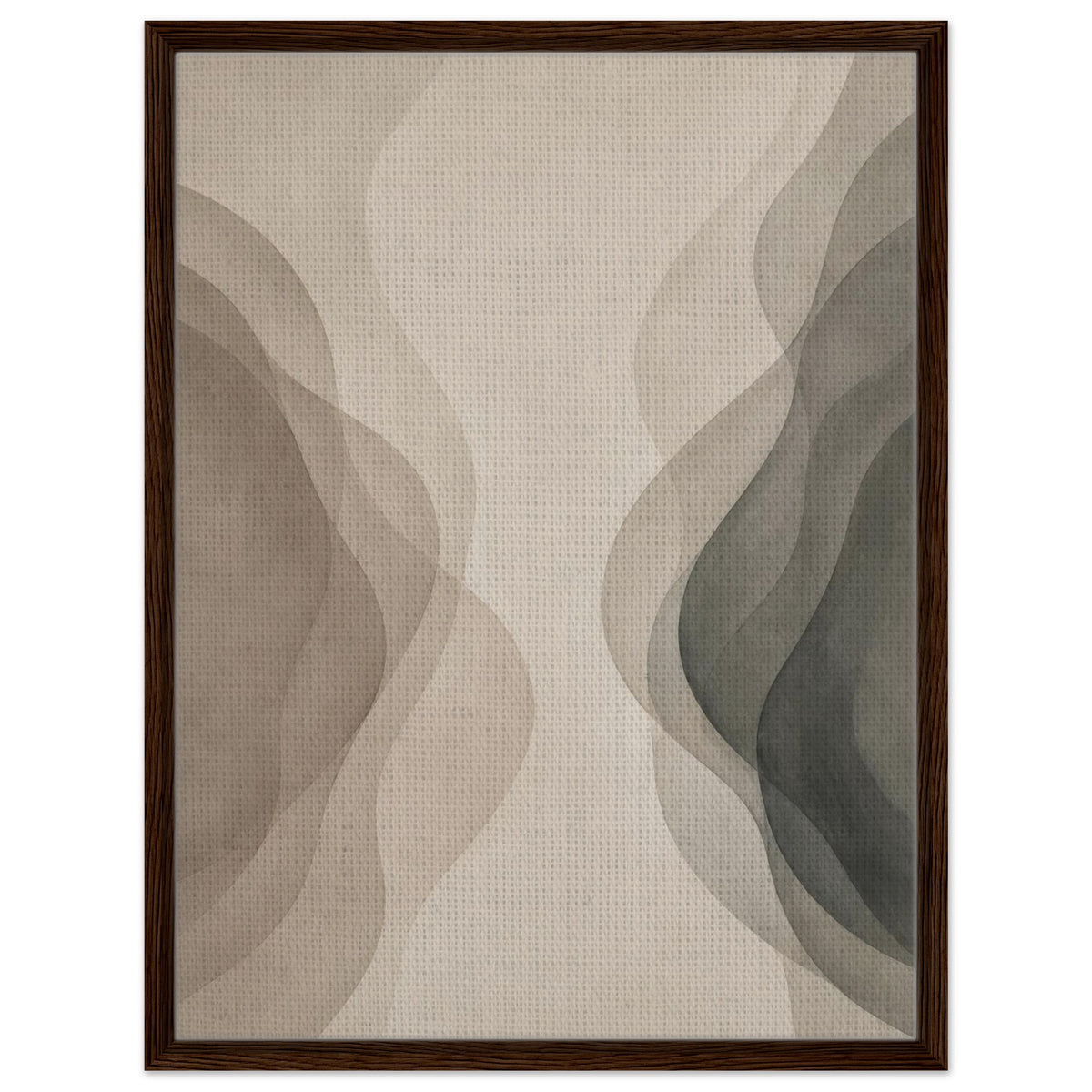 Earthy minimalist abstract artwork with layered curves in dark wood frame