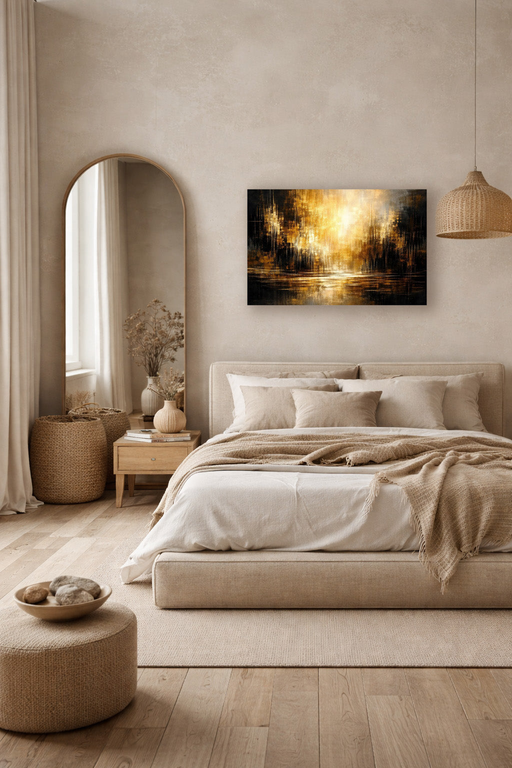 Golden abstract wall art poster above bed in warm neutral bedroom interior