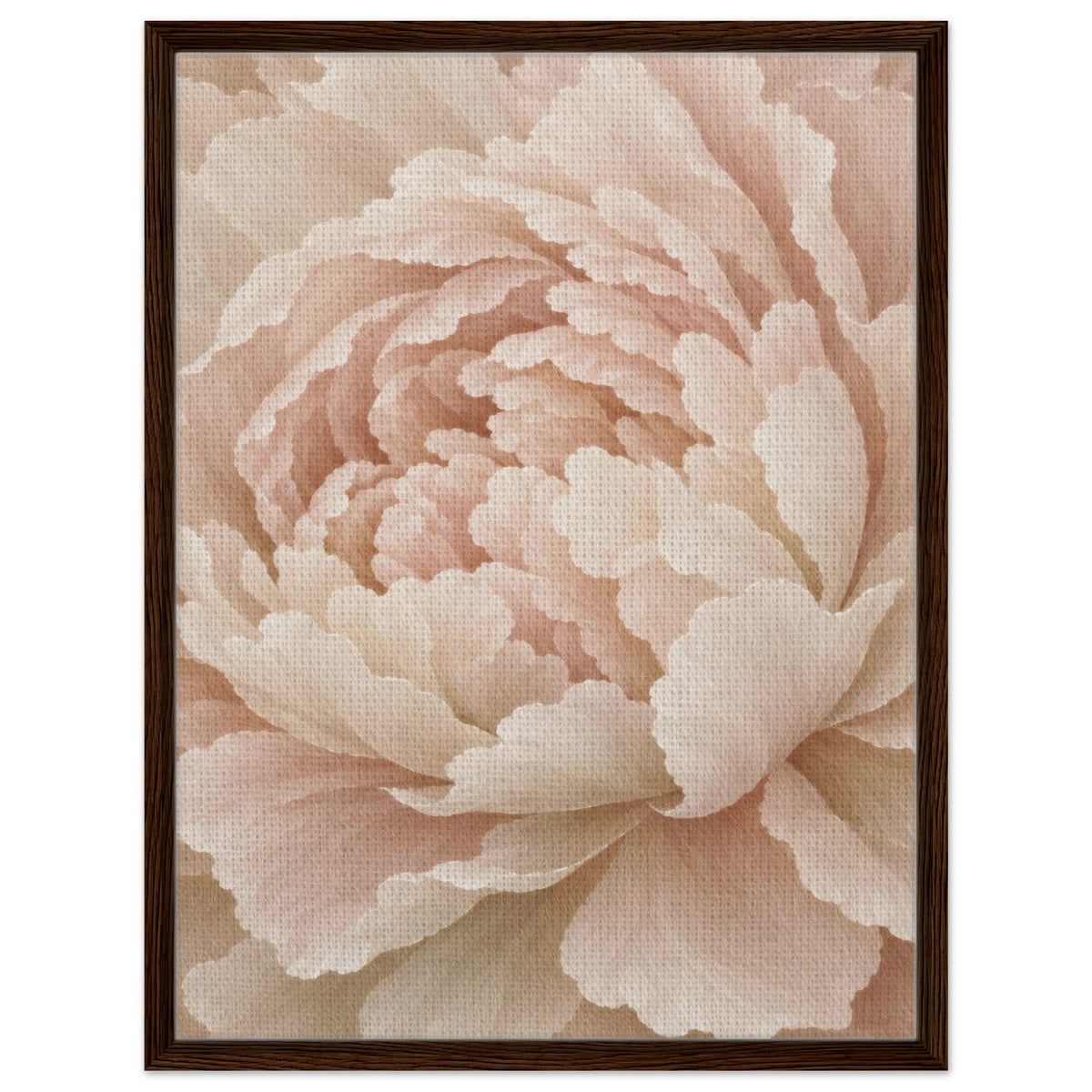 Ivory Peony blush floral canvas in a dark wood frame, straight-on view