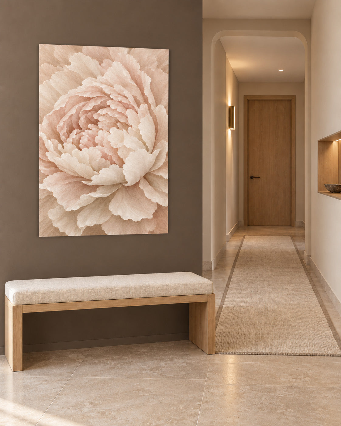 Peony poster above a light wood bench in a quiet neutral corridor