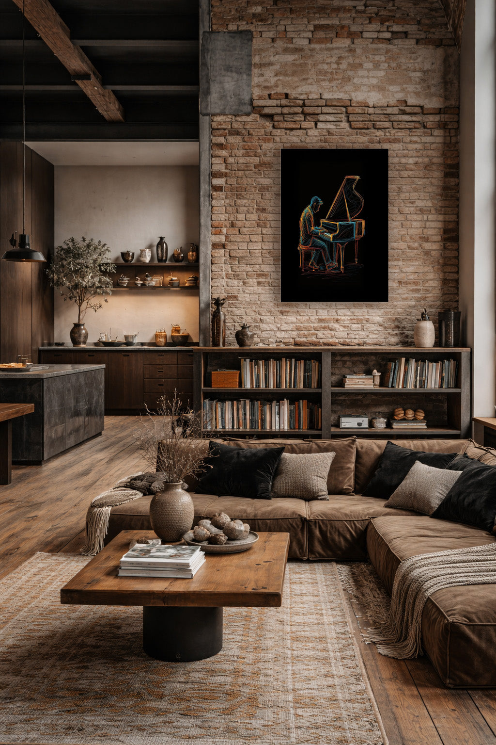 Midnight Melody abstract piano poster in a spacious loft living room with neutral furniture, exposed brick walls, wooden accents and warm lighting.