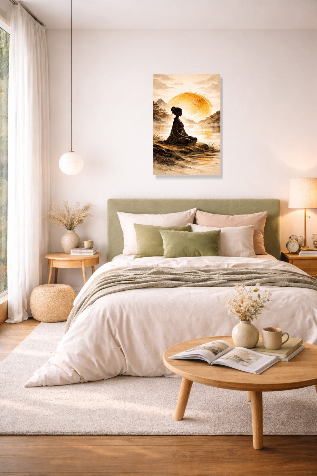 Minimalist wall art poster above bed in modern bedroom interior with soft neutral colors