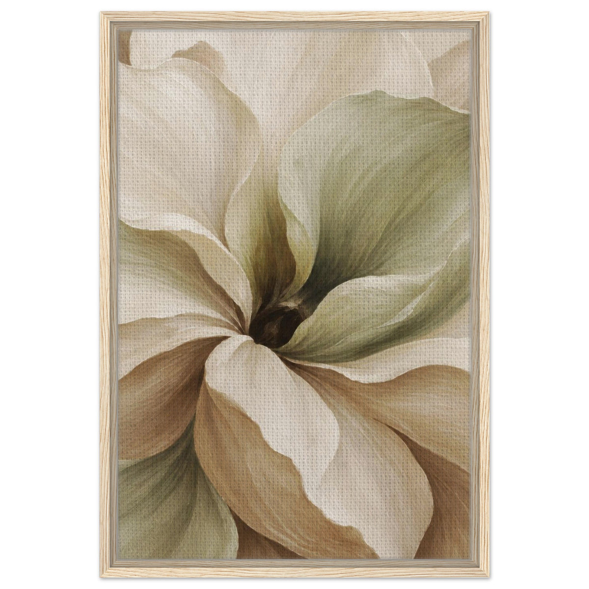 Front view of Muted Magnolia floral canvas with cream, sage green and beige petals in a light wood frame.