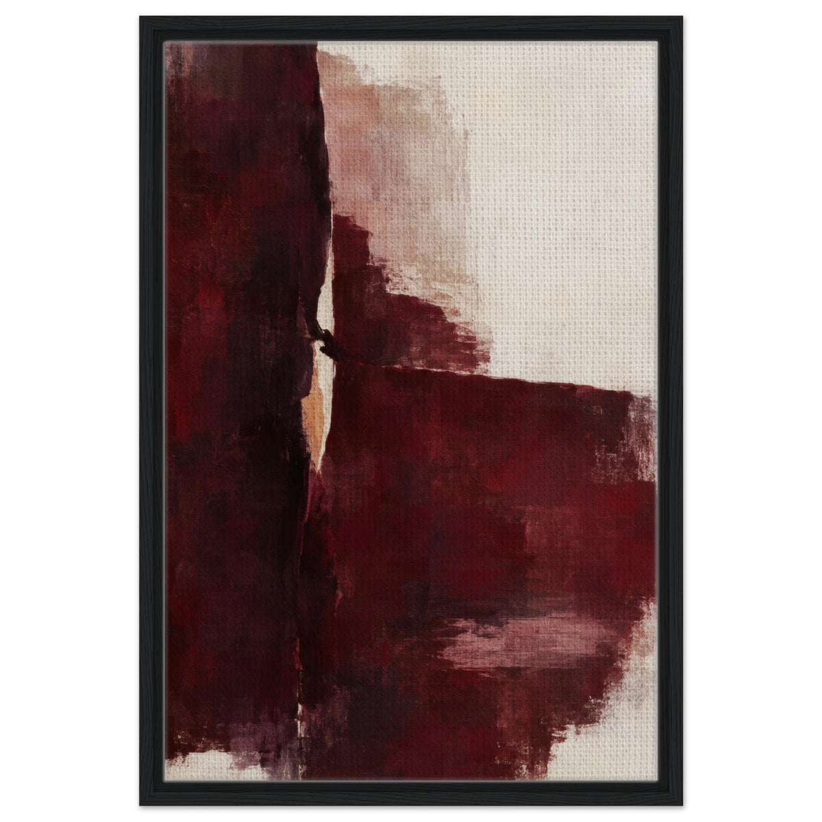 Oxblood Poise burgundy abstract framed canvas with a black border, front view