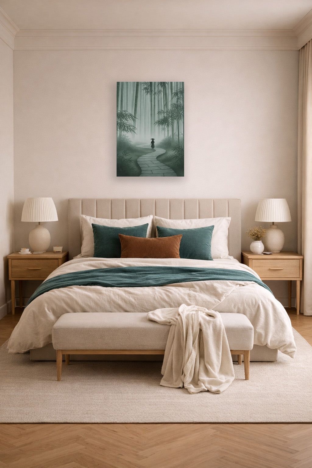 Path of Silence Japanese bamboo forest poster in a minimalist interior with warm neutral decor
