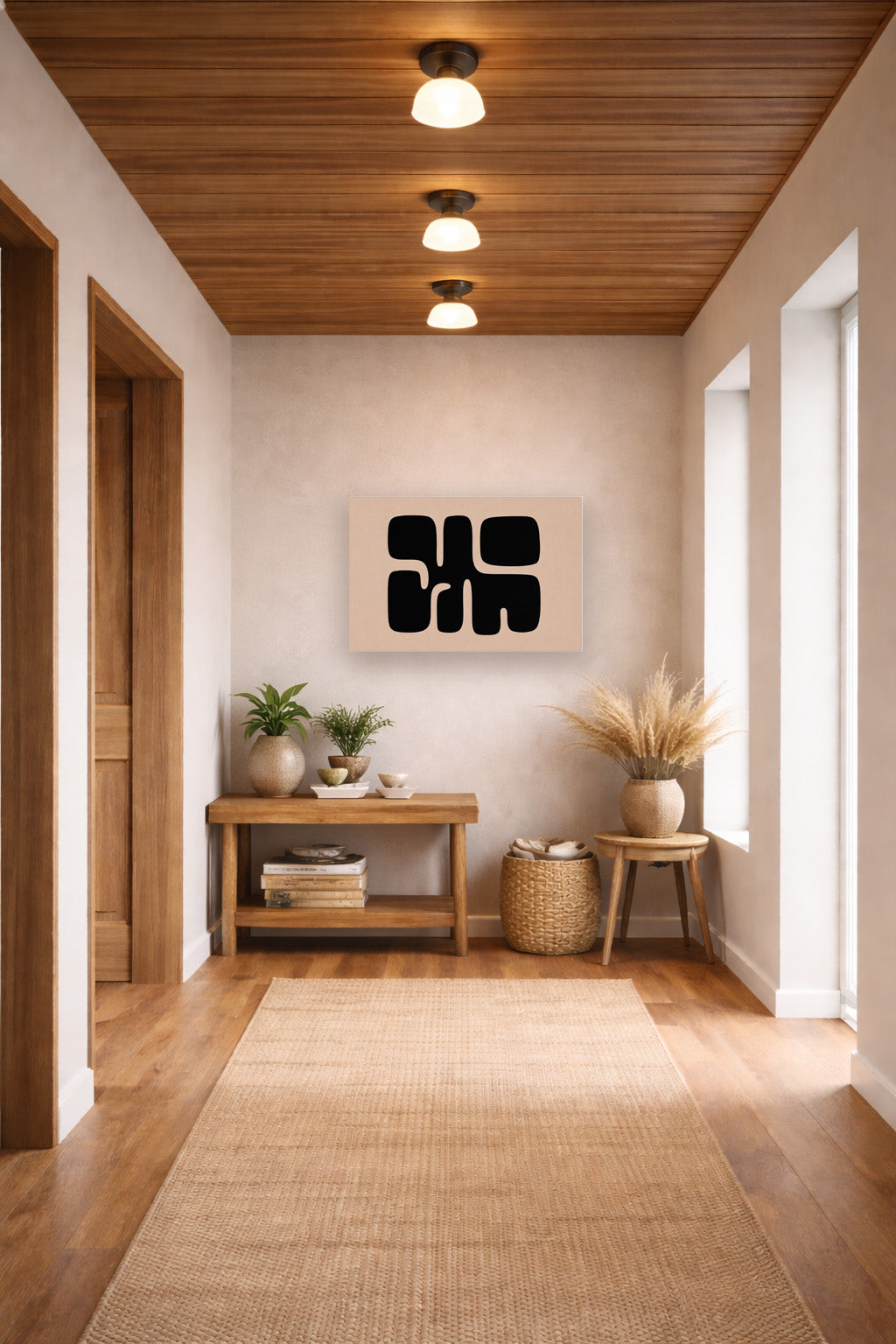 Modern abstract canvas wall art in bright minimalist hallway with wood ceiling details and neutral interior decor.