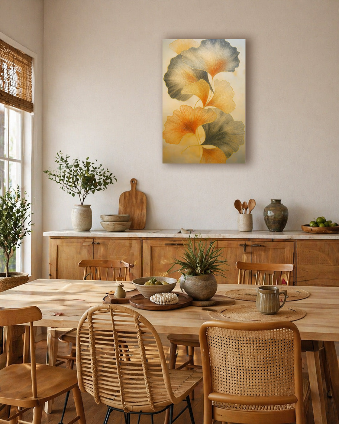Soft floral canvas hanging above a wooden sideboard in a Scandinavian dining room with woven chairs, indoor plants, and natural textures.