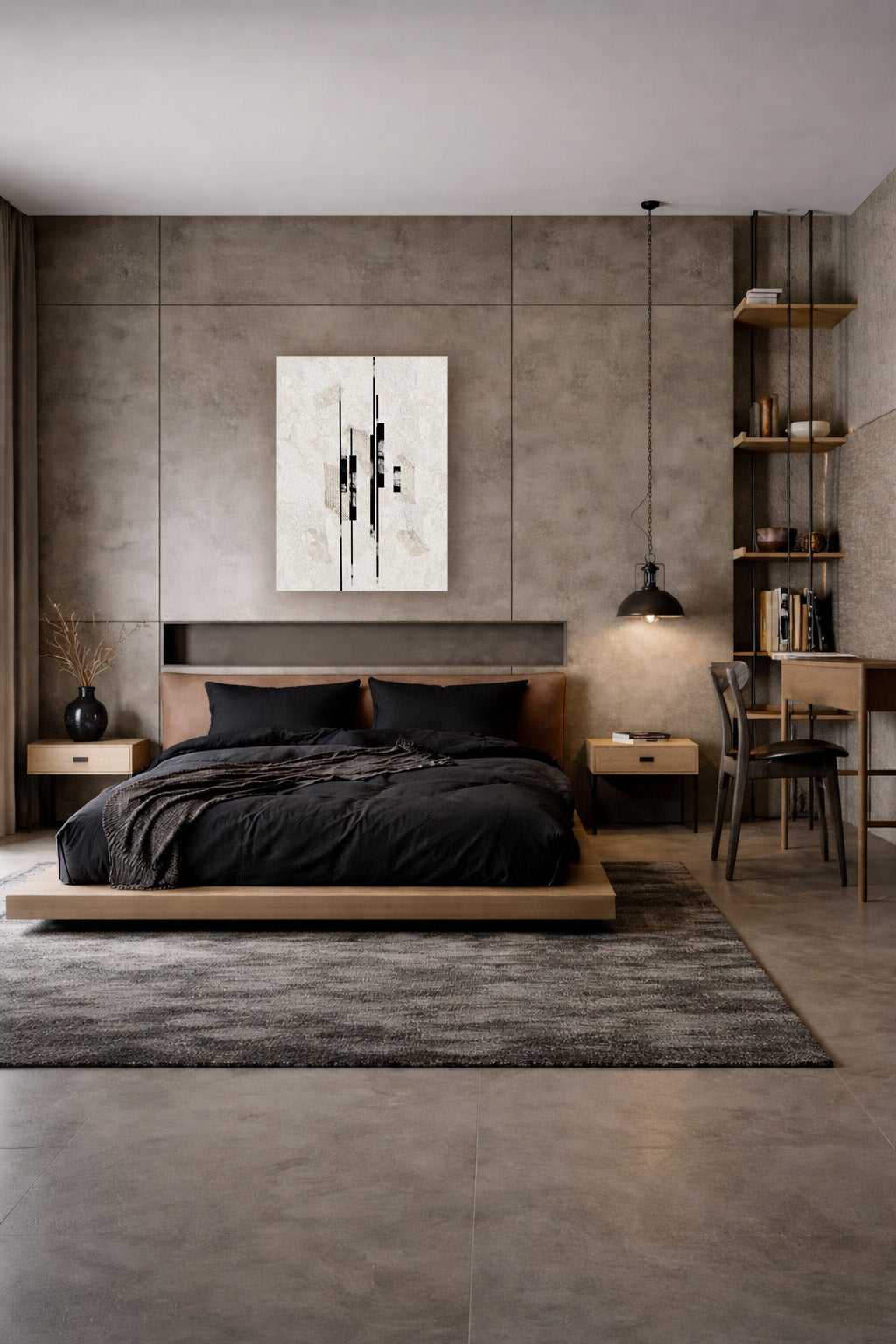 Sumi Stone poster above the bed in a dark modern bedroom