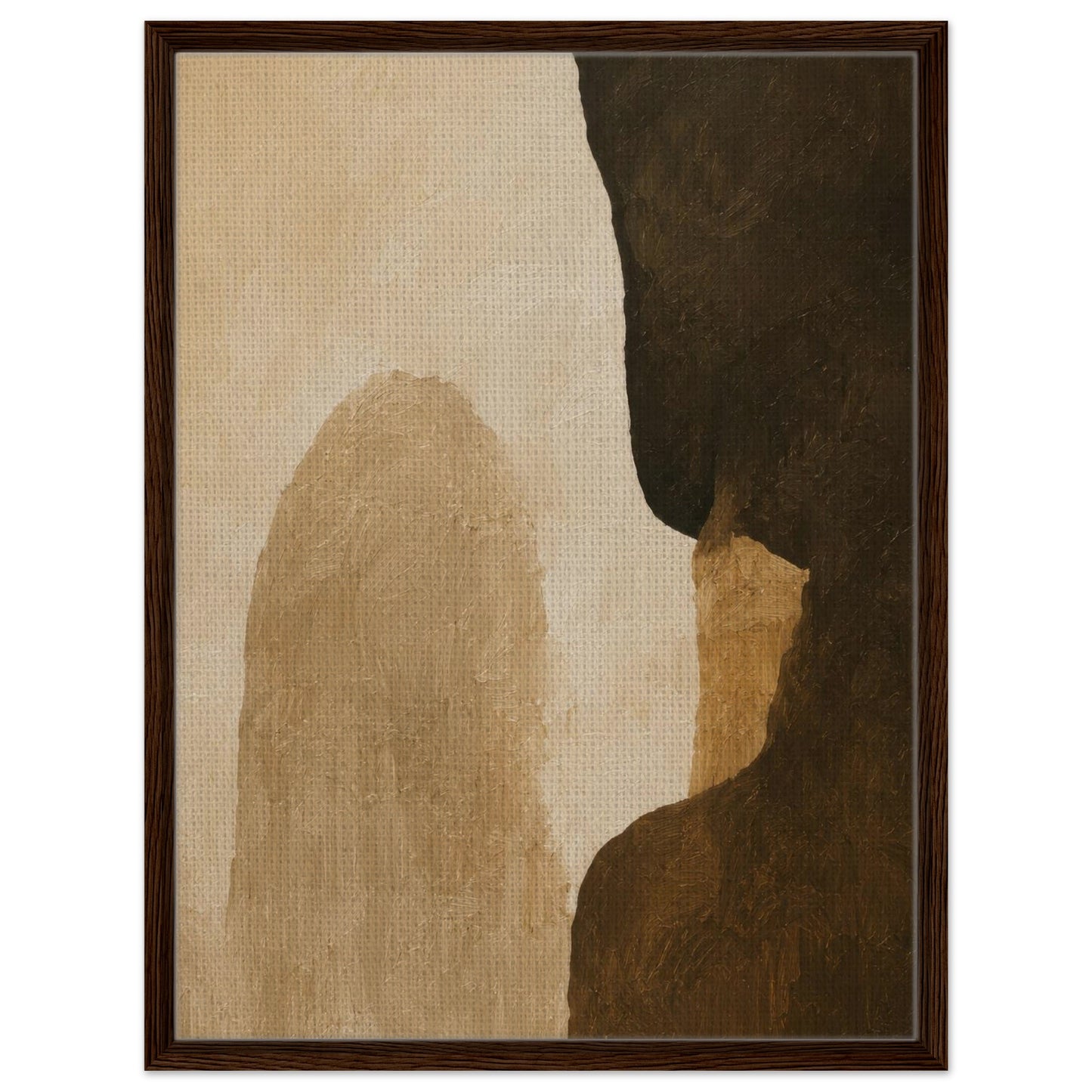 Textured earthy abstract artwork with sculptural neutral forms in dark wood frame