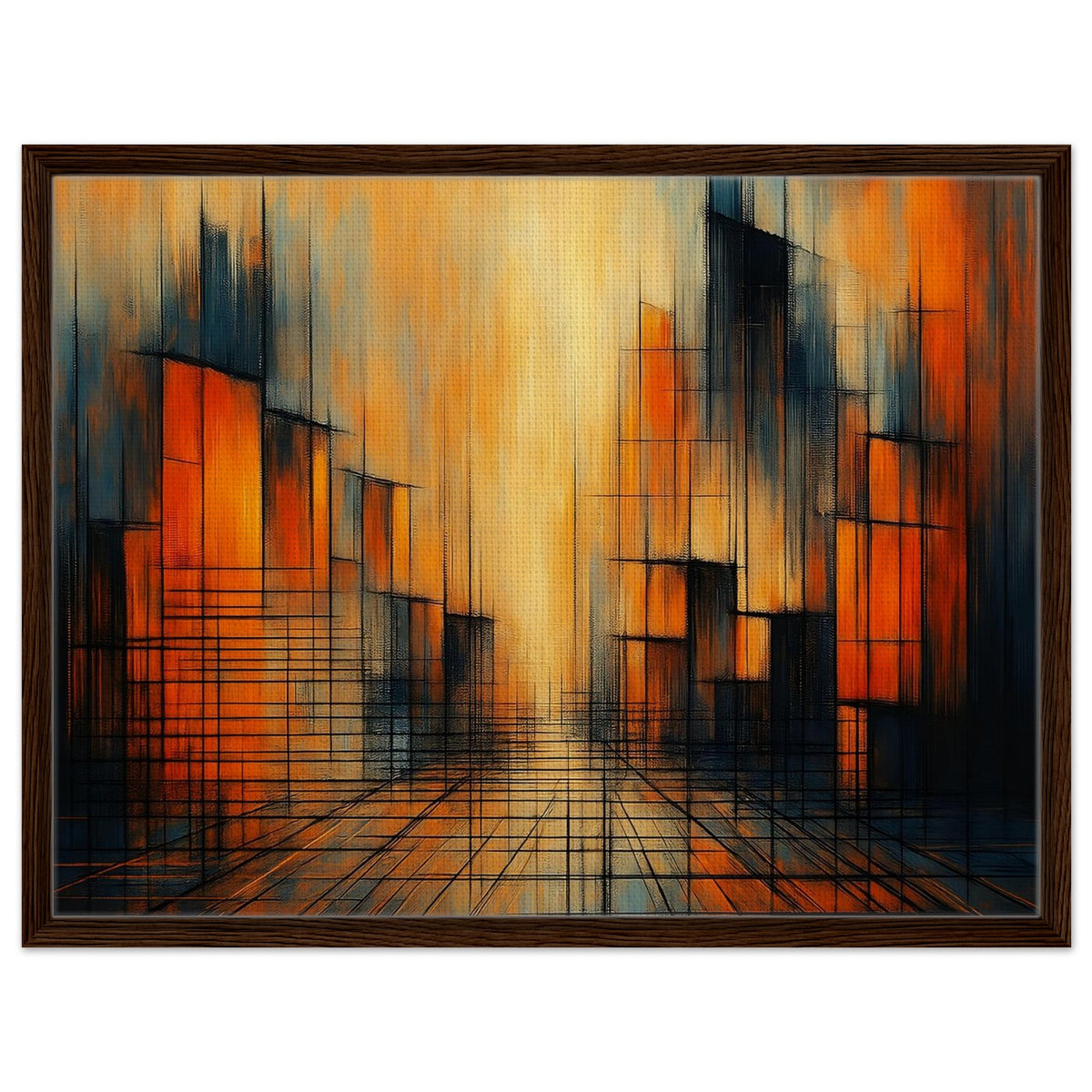 Urban Glow orange, gold and black abstract framed canvas in a dark wood frame