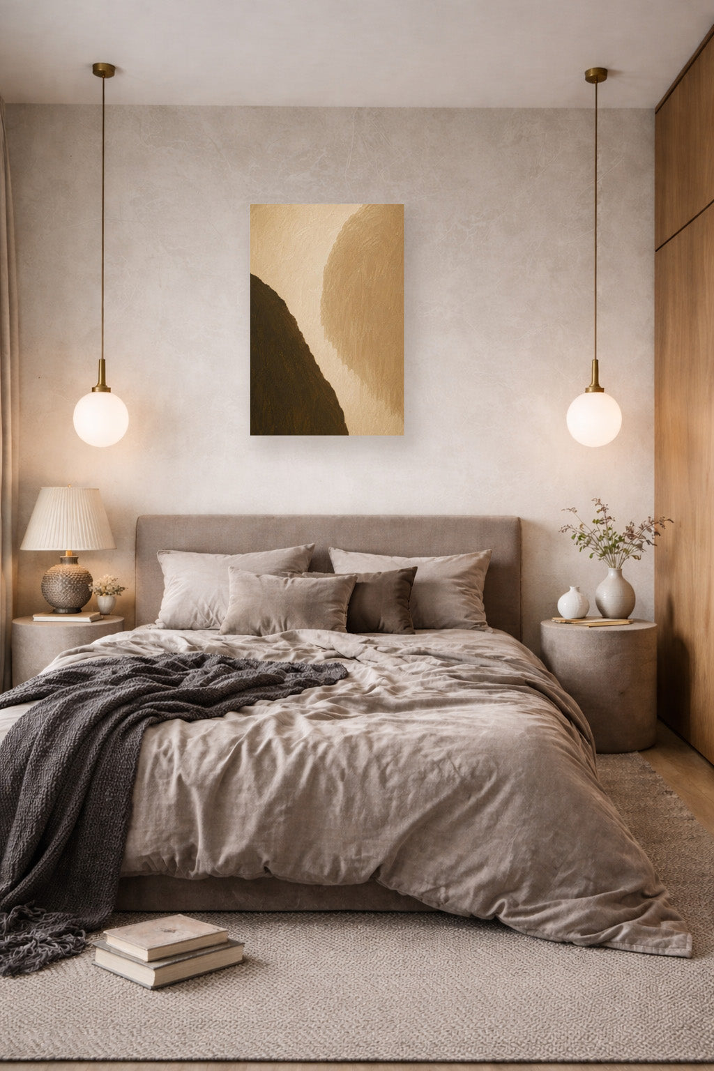 Warm modern bedroom mockup with textured abstract poster print above the bed.