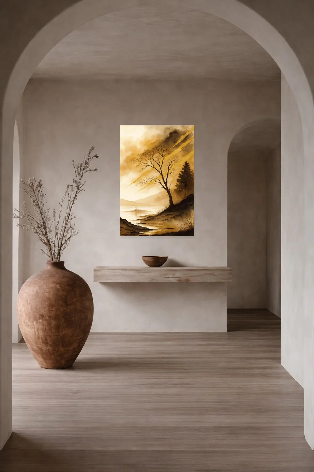 Whispering Lake poster in a hallway with an arched opening and a ceramic vase