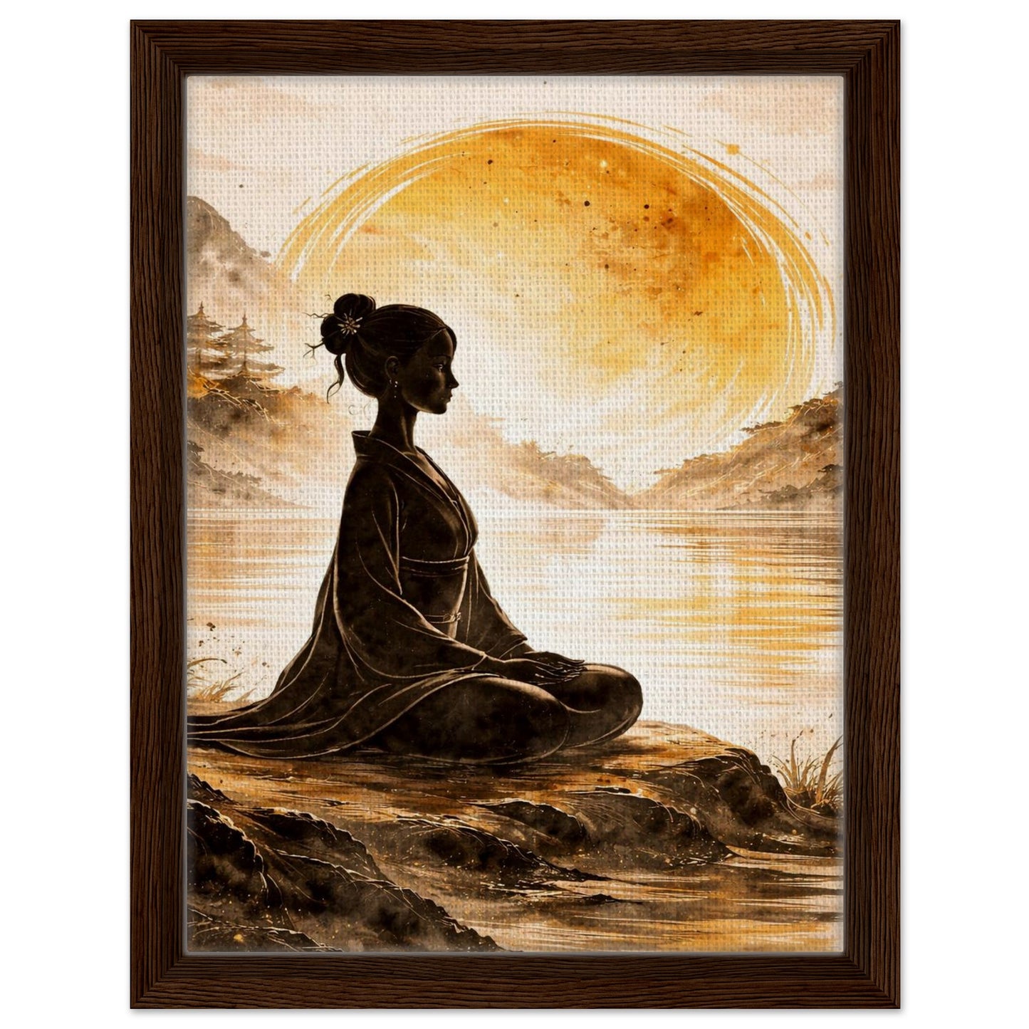 Tranquil mountain meditation canvas wall art in a rich brown wood frame