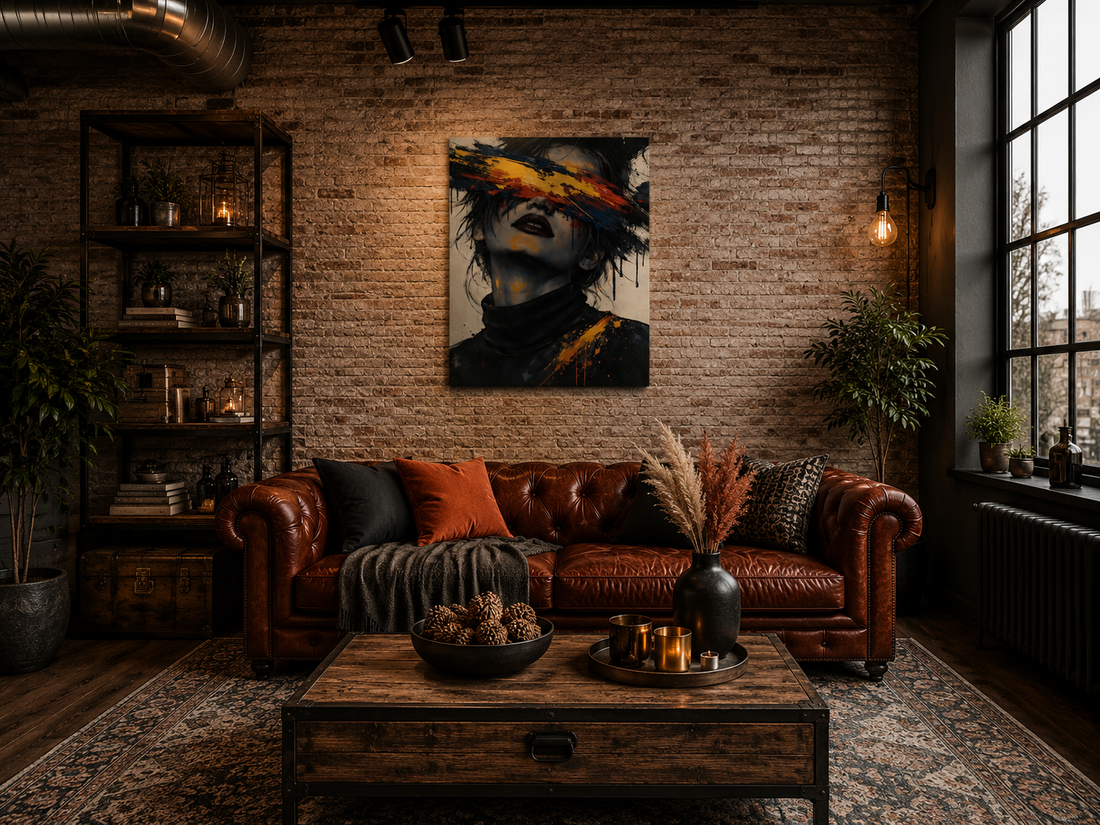 Industrial loft living room with brown leather sofa and 60×75 cm abstract portrait canvas wall art on exposed brick wall