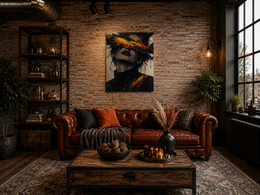 Industrial loft living room with brown leather sofa and 60×75 cm abstract portrait canvas wall art on exposed brick wall