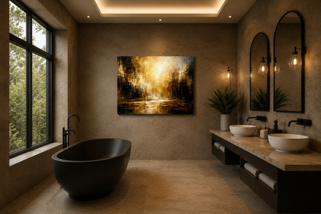 Abstract golden black canvas wall art displayed above a freestanding black bathtub in a modern luxury bathroom with warm lighting, stone walls, and minimalist decor.