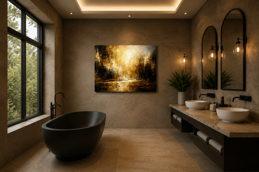 Abstract golden black canvas wall art displayed above a freestanding black bathtub in a modern luxury bathroom with warm lighting, stone walls, and minimalist decor.