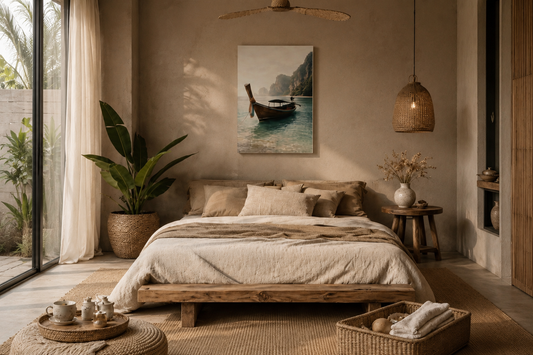 Minimalist tropical bedroom wall art mockup in a warm boho interior with natural textures, beige tones, wooden furniture, and soft ambient lighting.