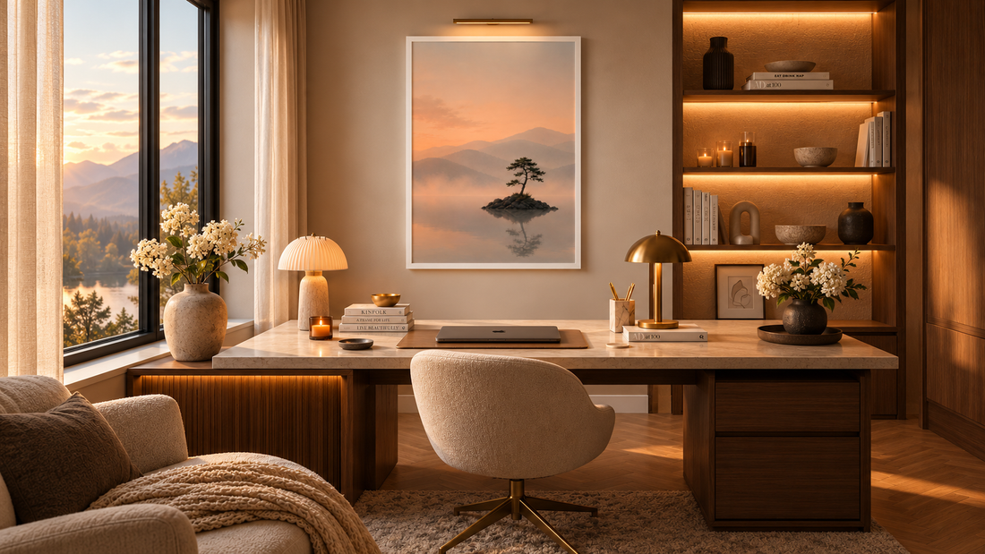 Warm minimalist home office with framed mountain lake wall art above a wooden desk, soft lighting and cream flowers.