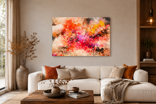 Vibrant abstract canvas art with bold pink and orange splashes, perfectly sized and centered above a grey sofa in a modern industrial-style living room with warm autumn-toned pillows.