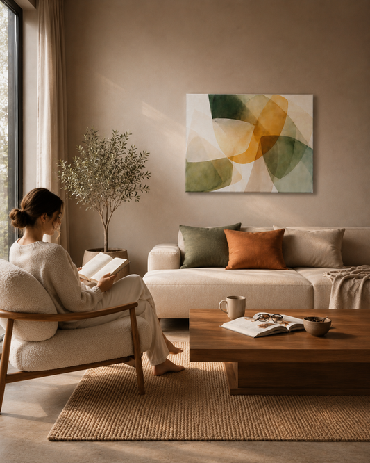 Luxury minimalist living room with a woman reading by the window and abstract gallery-wrapped canvas wall art above a neutral sofa in a warm modern interior.
