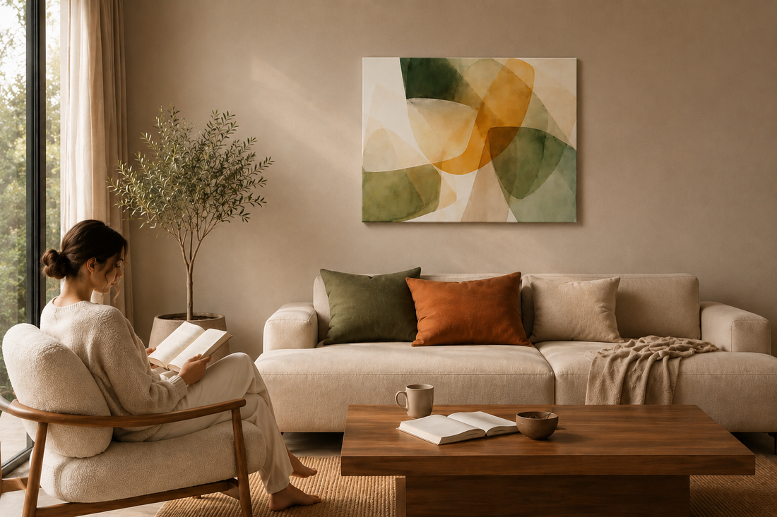 e a neutral sofa in a warm modern interior.