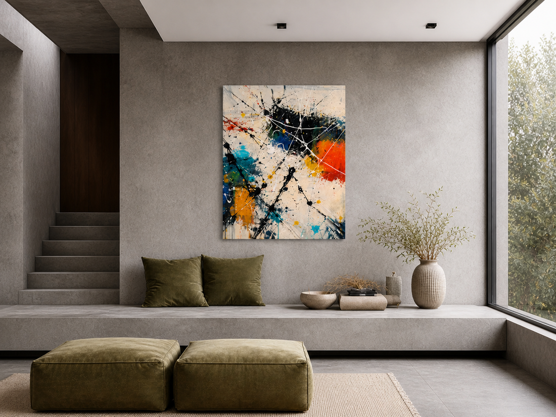 abstract wall art above sofa in modern minimalist living room neutral wall decor