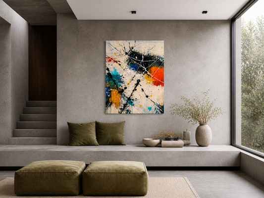 abstract wall art above sofa in modern minimalist living room neutral wall decor