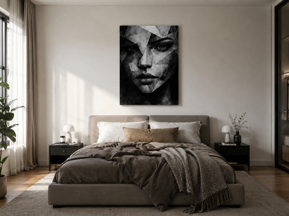vas in a minimalist luxury bedroom interior.