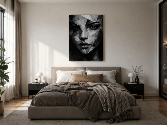 vas in a minimalist luxury bedroom interior.