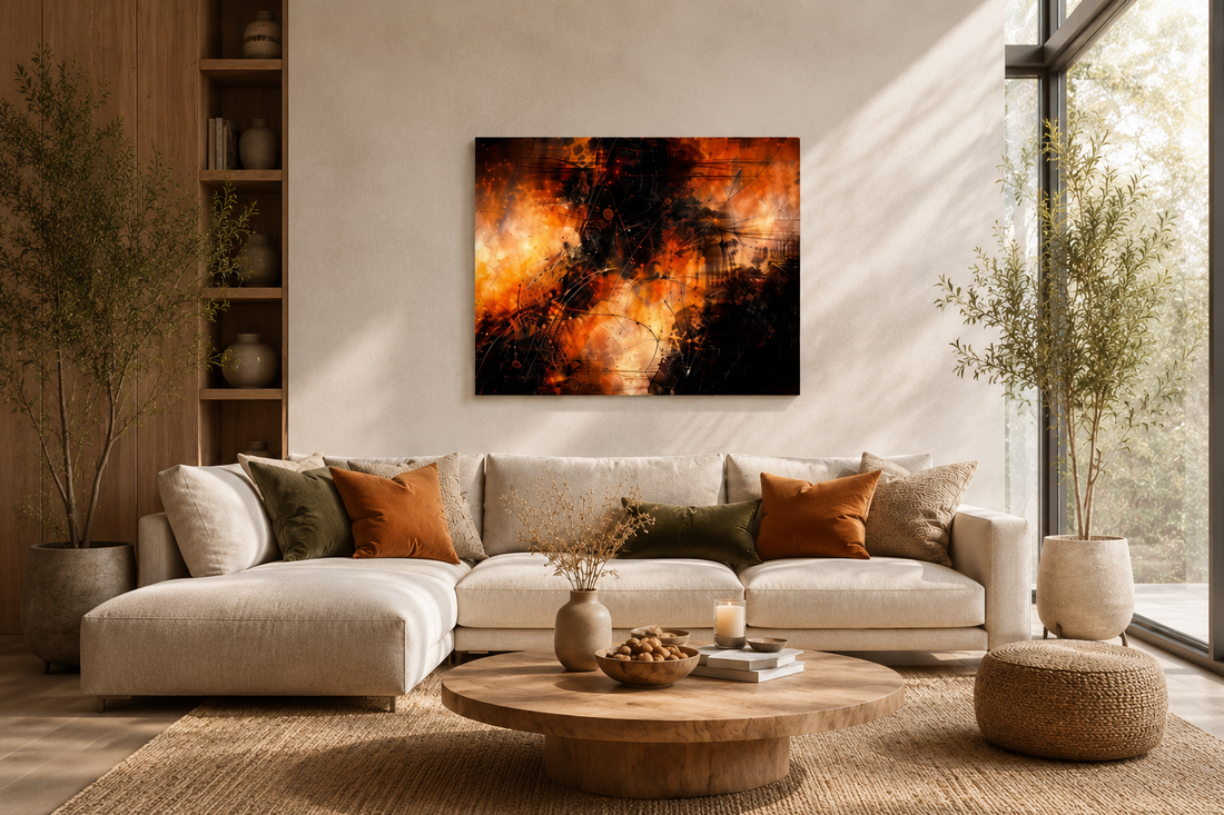 Modern minimalist living room with neutral decor featuring an abstract orange and black canvas wall art above a beige sectional sofa, warm wood accents, natural textures, and Scandinavian-inspired interior styling.