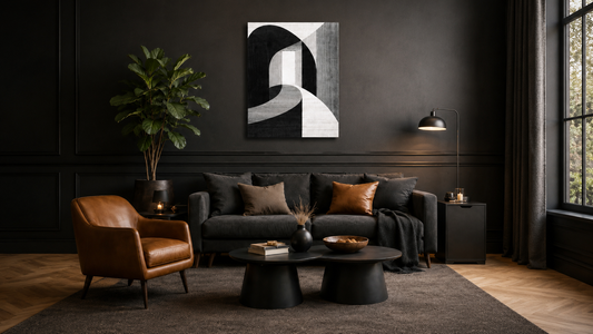 Color-drenched living room with walls, panelling and skirting painted the same charcoal, and a black and white abstract canvas print above the sofa