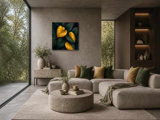 Golden Bloom minimalist floral wall art canvas in a modern grey living room interior by Inprint Designs.