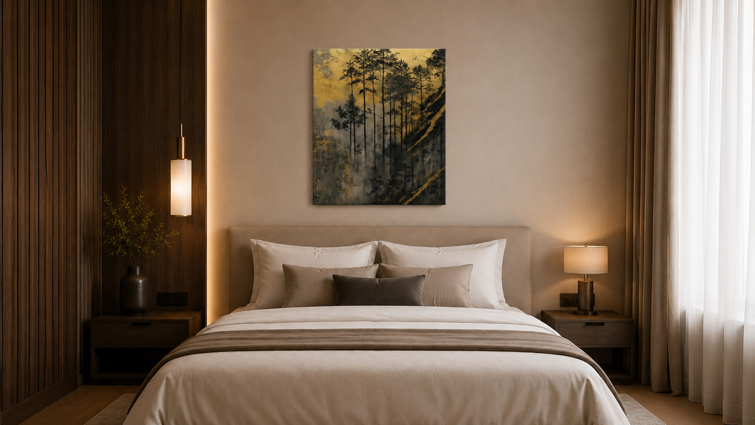 Hotel style bedroom with one large canvas above an upholstered headboard, a dark pine forest in gold and charcoal, lit by warm cove lighting and a brass pendant