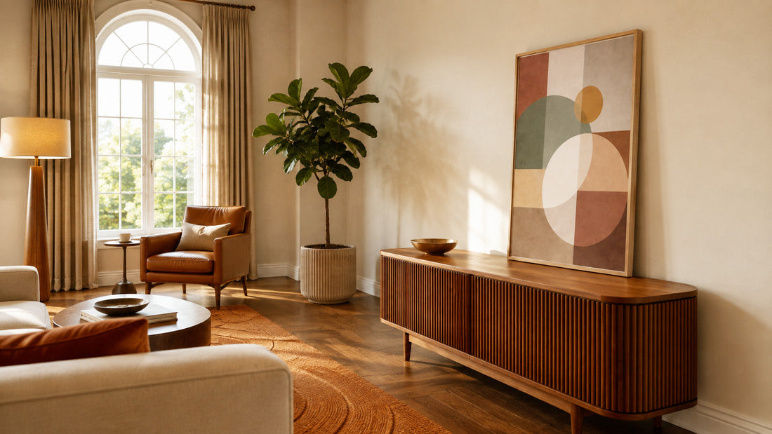 Leaning art on a walnut sideboard: a vertical framed abstract print resting against a cream wall