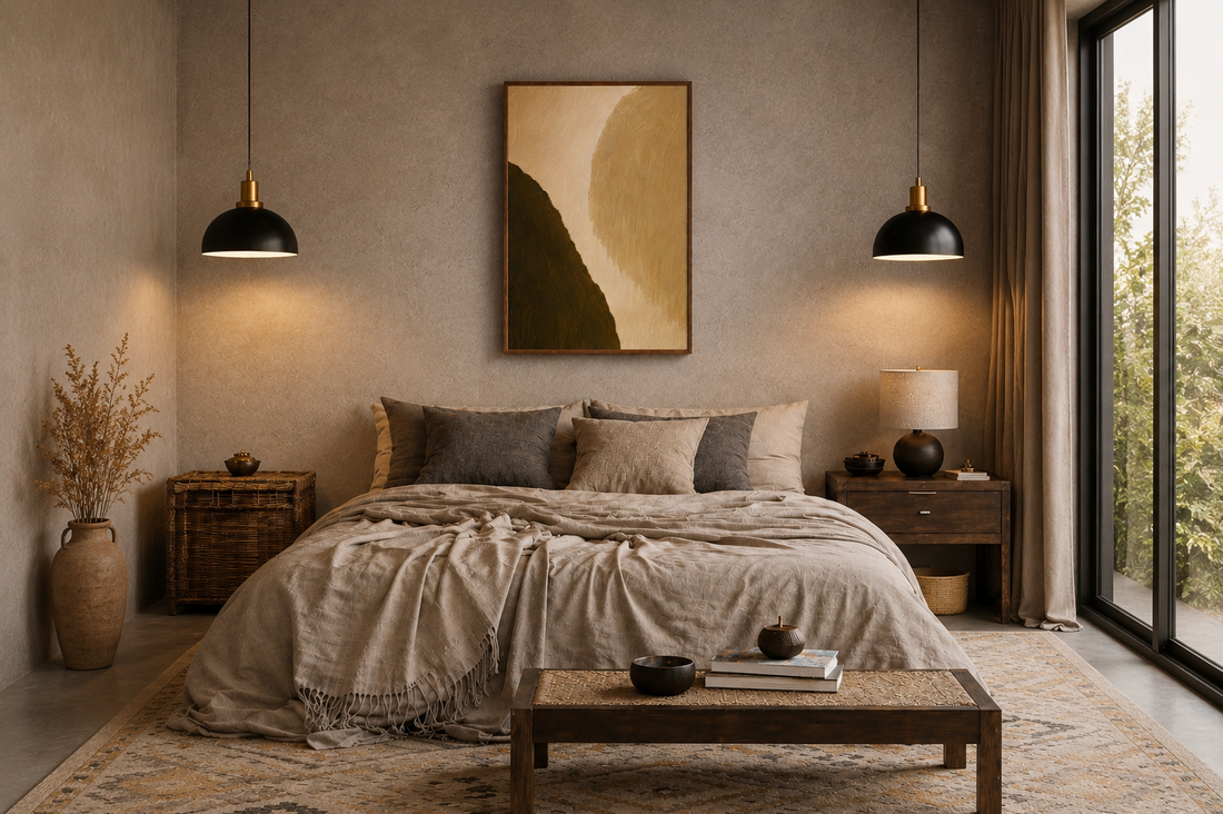Minimalist bedroom wall art in a warm neutral modern bedroom with beige tones, soft lighting, and Scandinavian-inspired interior decor.