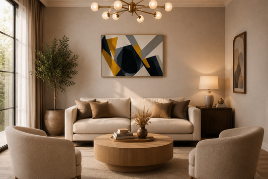 Minimalist geometric wall art mockup in a warm neutral living room with beige furniture, modern lighting, and Scandinavian-inspired interior decor.