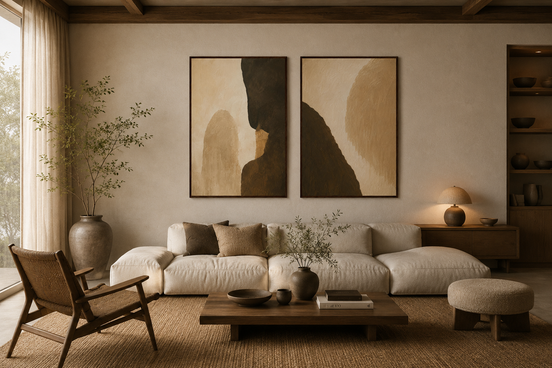 Earthy abstract diptych canvas wall art in Japandi style living room featuring neutral tones, wooden furniture, and minimalist home decor