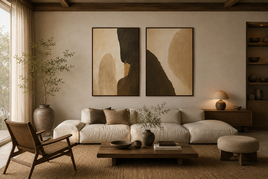 Earthy abstract diptych canvas wall art in Japandi style living room featuring neutral tones, wooden furniture, and minimalist home decor