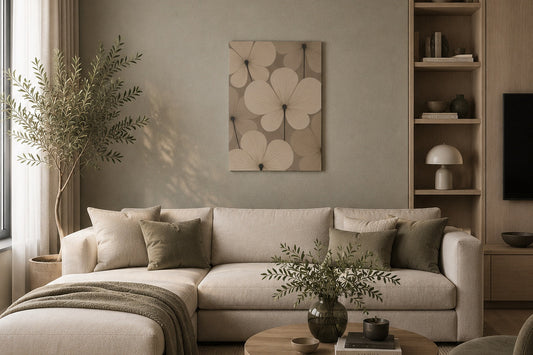 Neutral Scandinavian living room with minimalist wall art canvas in warm beige tones above a modern sofa