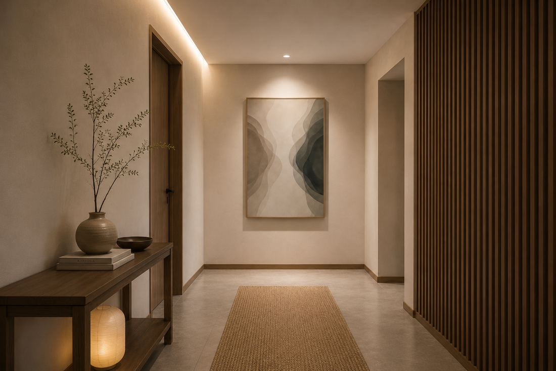 Poster frame color options showcasing black, white, natural oak and dark wood finishes for modern minimalist wall art and posters.