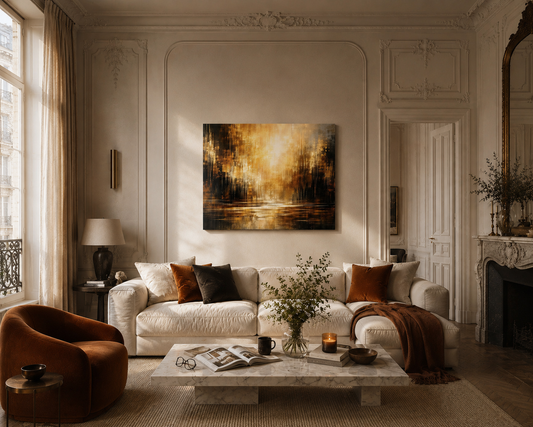 Quiet luxury Parisian living room with abstract canvas wall art, warm neutral interiors, marble coffee table, and elegant French-inspired decor.