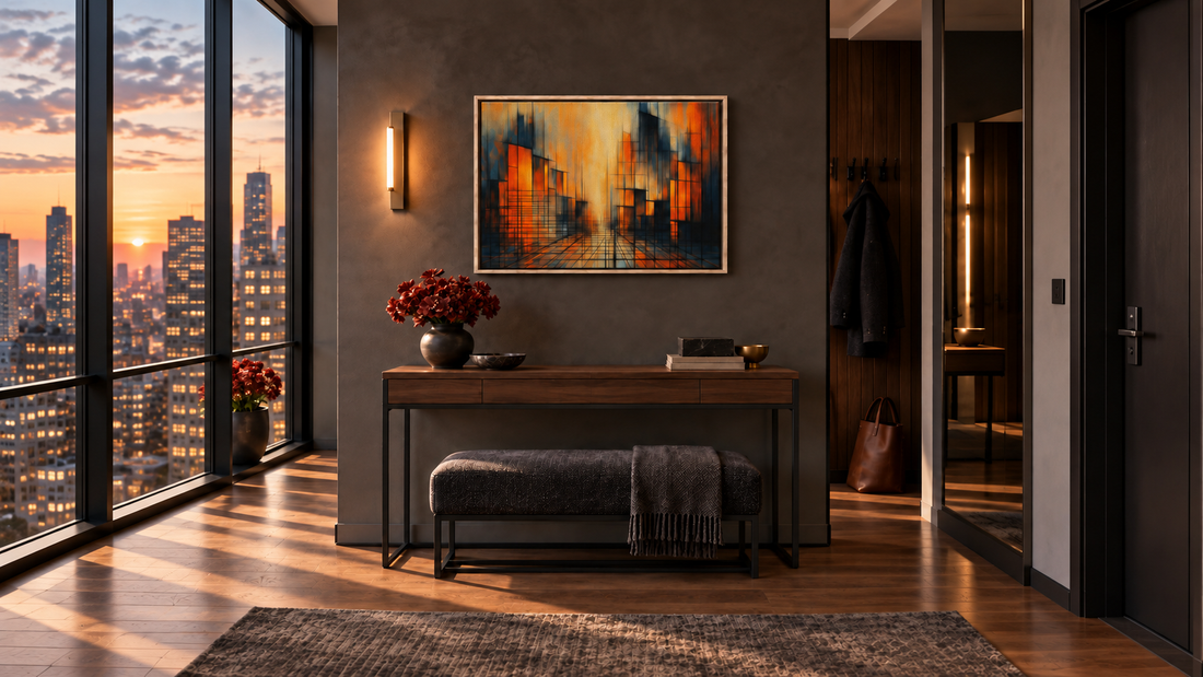 Framed orange and teal abstract cityscape canvas above a dark wood console in a warm modern entryway with sunset city views.