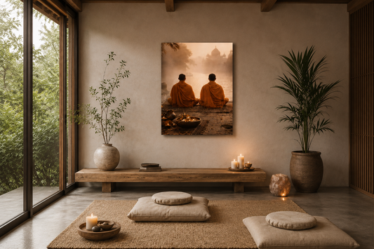 Minimalist zen meditation room with Buddhist monk wall art, warm neutral tones, natural wood textures, floor cushions, candles, and calming spa-inspired interior decor.